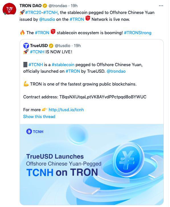 波场TRON推出离岸人民币稳定币TCNH，挑战美元稳定币霸主地位